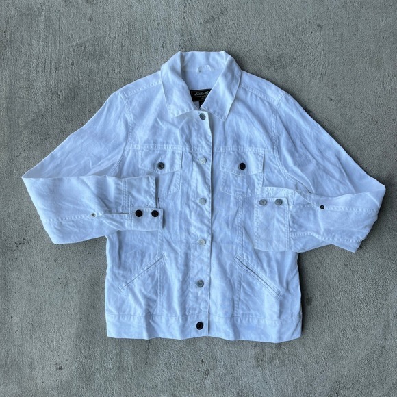Eddie Bauer Tops - Womens Eddie Bauer Medium White Linen Utility Button Up Collared Long Sleeve
